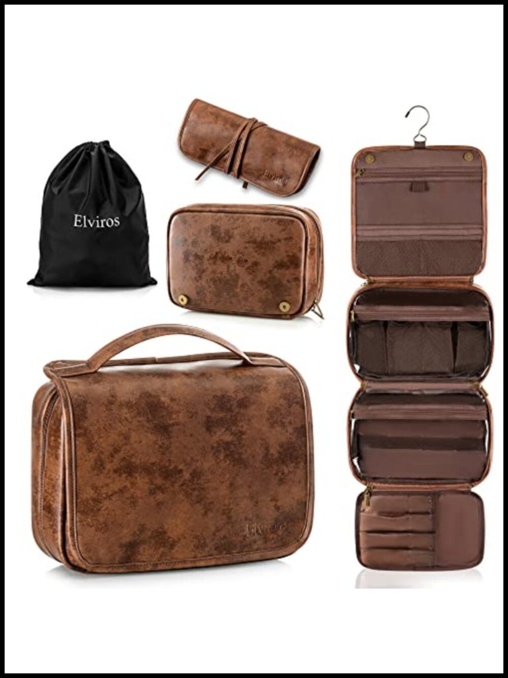 Elviros Hanging Toiletry Bag with Removable Compartments, PU Leather, Dark Brown